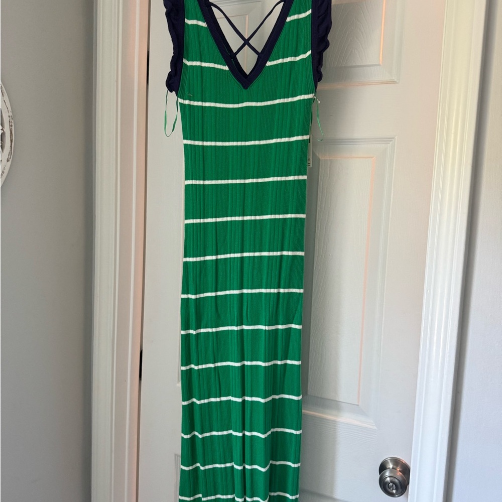 Anthropologie Green and Navy Striped Midi Dress